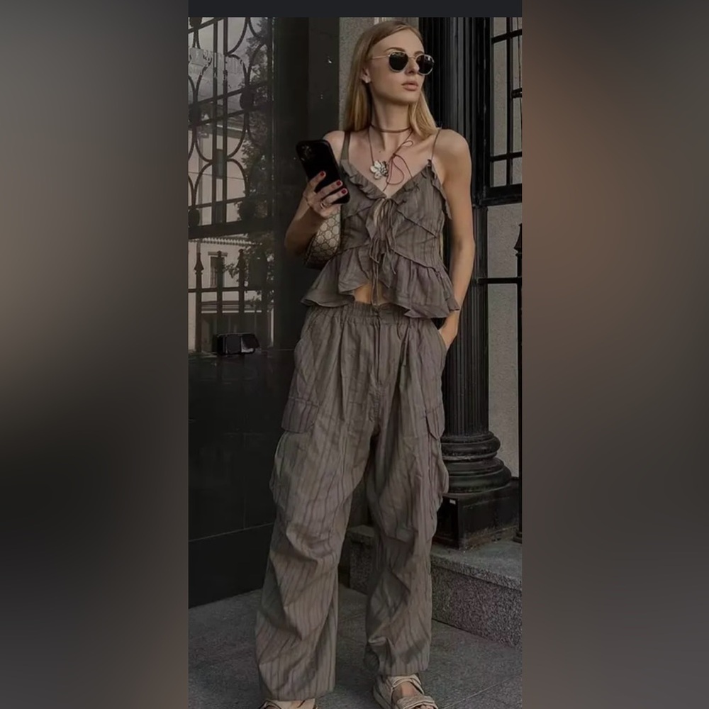 Zara Taupe Eyelet ruffle top and Pants set - size xs